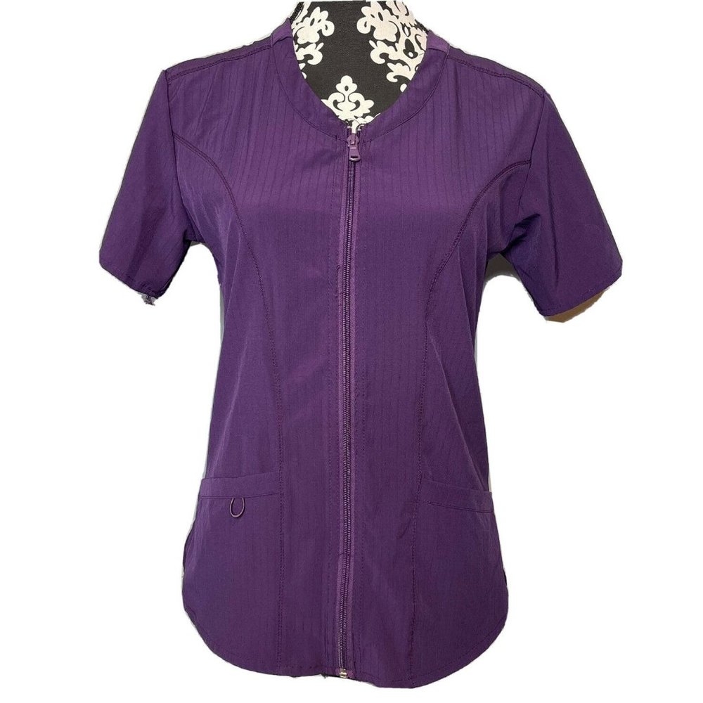 unique scrubs small womens purple full zip short sleeve scrub shirt top - Picture 1 of 4